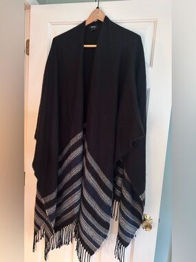 MODENA Dark Blue Striped Fringe Poncho - Lightweight Open Front, One Size.